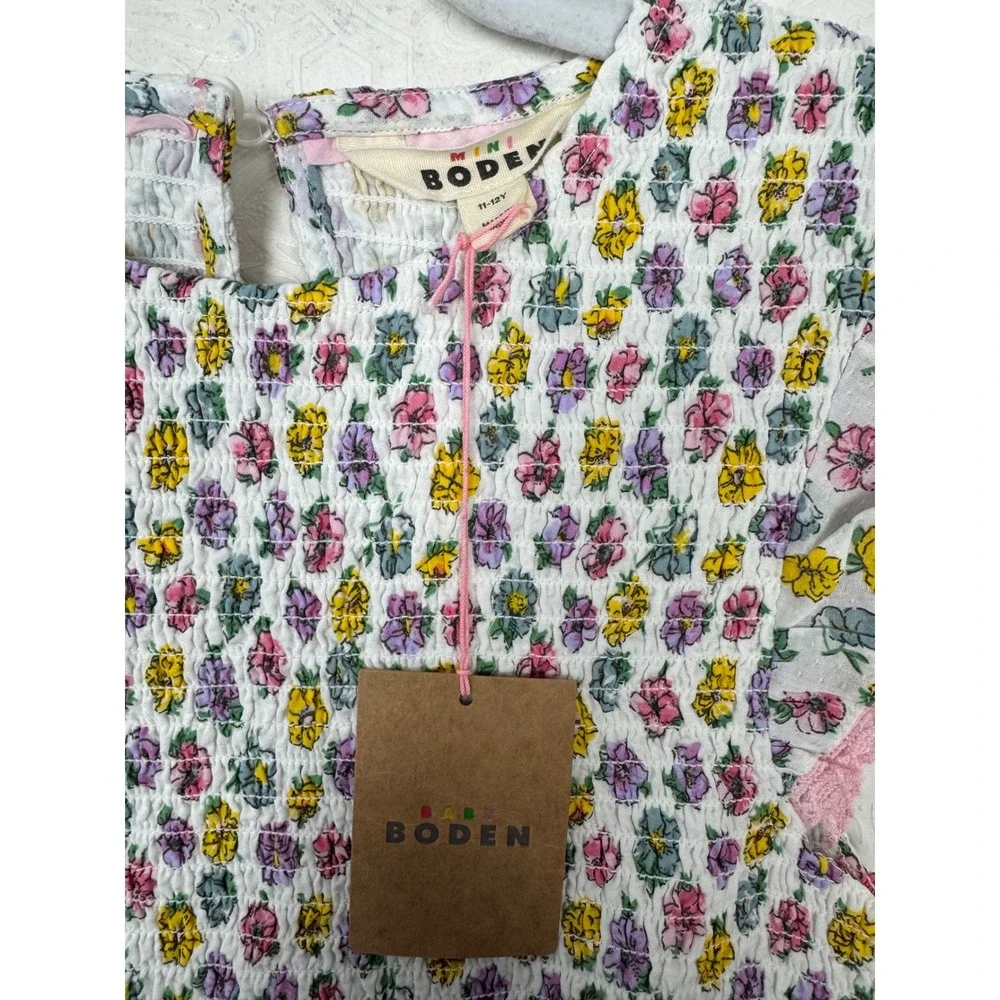 Mini Boden Girls Floral Smocked Tiered Lace Trim Dress White Pink 11-12Y NWT
